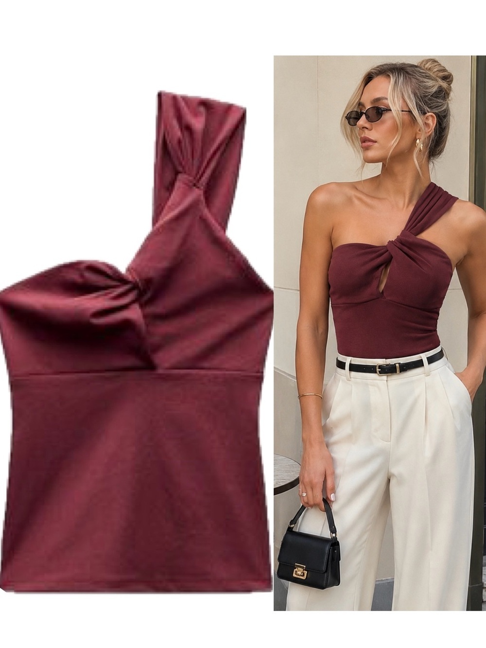 ZARA One Shoulder Asymmetrical Twist Knot Top Wine Burgundy Stretch Knit L NWOT
